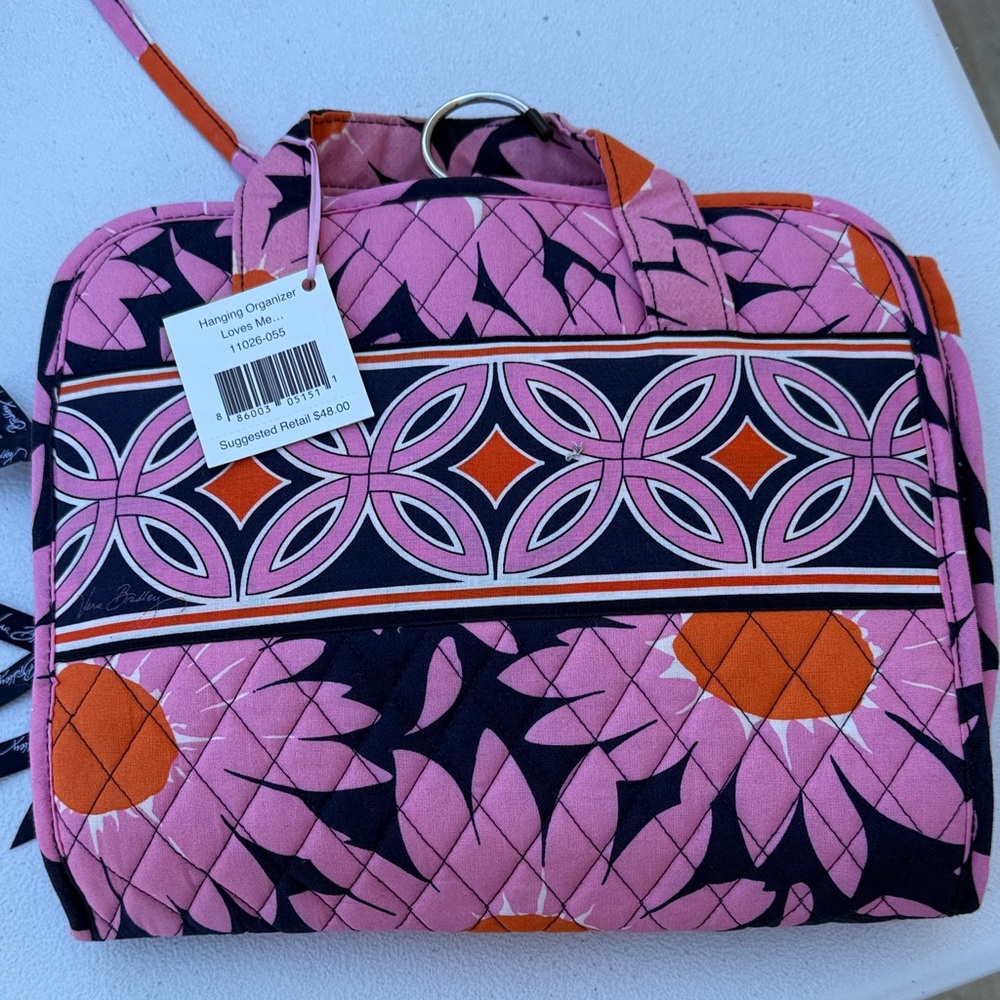Vera Bradley Pink Navy Orange Quilted Hanging Cosmetic Organizer Bag